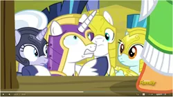 Size: 1144x646 | Tagged: safe, derpibooru import, screencap, applejack, guardian angel (character), shining armor, earth pony, pony, unicorn, sparkle's seven, apple chord, armor, derp, faic, female, helmet, male, mare, royal guard, royal guard armor, stallion, youtube