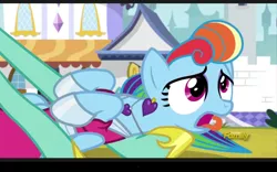 Size: 1280x800 | Tagged: safe, derpibooru import, screencap, rainbow dash, zephyr breeze, pegasus, pony, sparkle's seven, alternate hairstyle, disgusted, eyelashes, eyeshadow, makeup, megaradash, open mouth, rainbow dash always dresses in style, tongue out