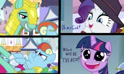 Size: 2500x1500 | Tagged: safe, derpibooru import, edit, edited screencap, screencap, rainbow dash, rarity, twilight sparkle, twilight sparkle (alicorn), zephyr breeze, alicorn, pegasus, pony, unicorn, sparkle's seven, alternate hairstyle, armor, clothes, comic, detective rarity, discovery family logo, dress, faic, hoof shoes, megaradash, pudding face, puffy cheeks, rainbow dash always dresses in style, royal guard, screencap comic