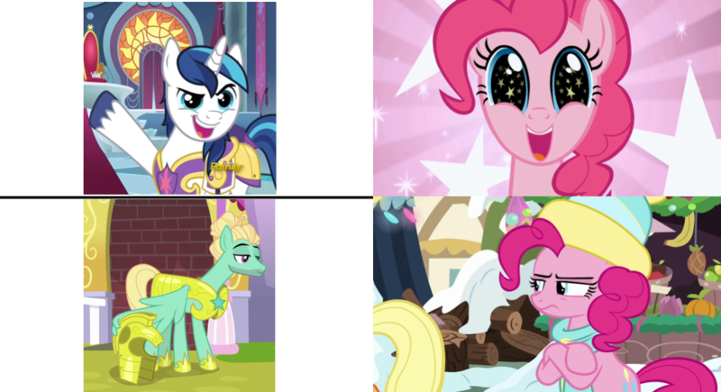 Size: 1200x653 | Tagged: safe, derpibooru import, edit, edited screencap, editor:countcoltnackh, screencap, pinkie pie, shining armor, zephyr breeze, earth pony, pegasus, pony, unicorn, best gift ever, sparkle's seven, clothes, crown, cute, exploitable meme, four panel meme, hard-won helm of the sibling supreme, jewelry, meme, paper crown, regalia, royal guard, royal guard zephyr breeze, scarf, shining adorable, snow, starry eyes, wingding eyes