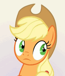 Size: 562x658 | Tagged: safe, derpibooru import, edit, edited screencap, screencap, applejack, earth pony, pony, sparkle's seven, :|, animated, aside glance, female, gif, liarjack, looking at you, mare, nervous, poker face, shifty eyes, sideways glance, solo