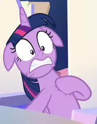 Size: 731x926 | Tagged: safe, derpibooru import, screencap, twilight sparkle, twilight sparkle (alicorn), alicorn, pony, sparkle's seven, cropped, female, floppy ears, gasp, grimace, gritted teeth, heart attack, hoof on chest, mare, reaction image, shrunken pupils, solo, wide eyes