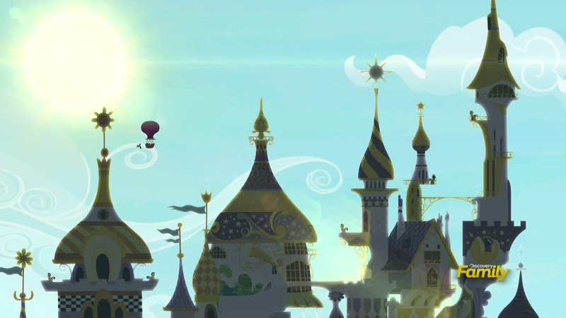 Size: 1920x1080 | Tagged: safe, derpibooru import, screencap, pegasus, pony, unicorn, sparkle's seven, architecture, canterlot, canterlot castle, discovery family logo, hot air balloon, male, royal guard, scenery, stallion