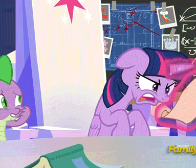 Size: 383x329 | Tagged: safe, derpibooru import, edit, edited screencap, screencap, spike, twilight sparkle, twilight sparkle (alicorn), alicorn, dragon, pony, sparkle's seven, animated, book, chalkboard, chart, charts and graphs, cropped, cutie map, duckface, duo, floppy ears, friendship throne, gif, oh come on, pouting, text