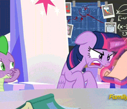 Size: 383x329 | Tagged: safe, derpibooru import, edit, edited screencap, screencap, spike, twilight sparkle, twilight sparkle (alicorn), alicorn, dragon, pony, sparkle's seven, animated, book, chalkboard, chart, charts and graphs, cropped, cutie map, duckface, duo, floppy ears, friendship throne, gif, oh come on, pouting, text