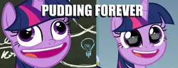 Size: 925x356 | Tagged: safe, derpibooru import, edit, edited screencap, editor:pony-berserker, screencap, twilight sparkle, twilight sparkle (alicorn), alicorn, pony, best gift ever, sparkle's seven, caption, chalkboard, comparison, cropped, crown, eye reflection, faic, female, forever, hard-won helm of the sibling supreme, image macro, jewelry, mare, paper crown, pudding face, pudding forever, reflection, regalia, text, twilight sparkle is best facemaker