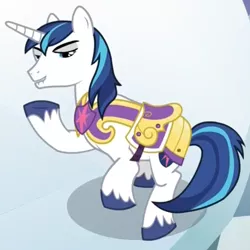 Size: 644x644 | Tagged: safe, derpibooru import, screencap, shining armor, pony, unicorn, sparkle's seven, animation error, armor, cropped, lidded eyes, lip bite, male, raised hoof, royal guard, royal guard armor, saddle, solo, stallion, tack