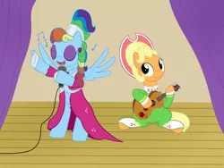 Size: 1600x1200 | Tagged: safe, artist:mightyshockwave, derpibooru import, applejack, rainbow dash, pony, sparkle's seven, alternate hairstyle, apple chord, clothes, dress, eyeshadow, guitar, hat, makeup, megaradash, microphone, musical instrument, rainbow dash always dresses in style, singing, stage