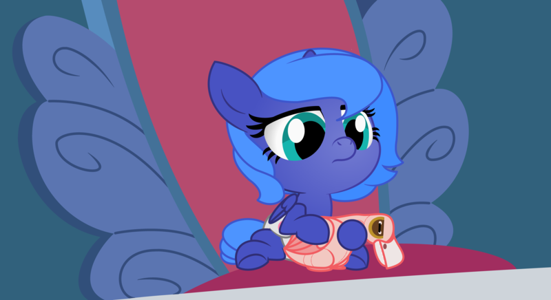 Size: 11000x6000 | Tagged: safe, artist:evilfrenzy, derpibooru import, princess luna, alicorn, bird, goose, pony, sparkle's seven, animal, baby, baby pony, cute, duo, female, filly, filly luna, lidded eyes, luna petting goose, plushie, stroking, throne, woona, younger