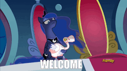 Size: 806x451 | Tagged: safe, derpibooru import, edit, edited screencap, screencap, princess luna, alicorn, bird, goose, pony, sparkle's seven, animal, animated, caption, discovery family logo, duo, ethereal mane, female, image macro, loop, luna petting goose, mare, petting, solo, starry mane, text, throne, welcome