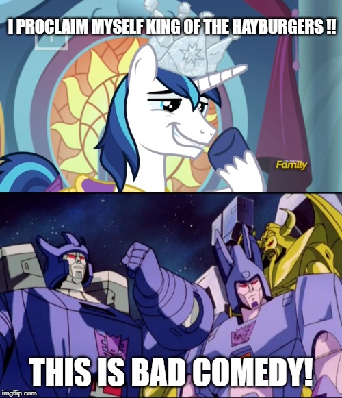 Size: 500x581 | Tagged: safe, derpibooru import, edit, edited screencap, screencap, shining armor, pony, unicorn, sparkle's seven, canterlot castle, clash of hasbro's titans, crown, cyclonus, discovery family logo, dork, galvatron, grin, hard-won helm of the sibling supreme, jewelry, lidded eyes, male, meme, paper crown, regalia, smiling, smug, solo, stallion, the transformers: the movie, this is bad comedy, throne room, transformers