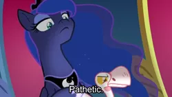 Size: 800x450 | Tagged: safe, derpibooru import, edit, edited screencap, screencap, princess luna, alicorn, bird, goose, pony, sparkle's seven, animal, caption, crown, duo, ethereal mane, female, frown, image macro, jewelry, just as planned, luna petting goose, mare, meme, pathetic, peytral, principal skinner, reaction image, regalia, solo, starry mane, text, the simpsons