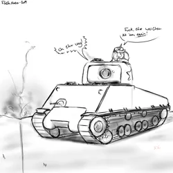 Size: 4000x4000 | Tagged: safe, artist:flashnoteart, derpibooru import, oc, oc:flashnote, pony, unicorn, lineart, m4 sherman, monochrome, sketch, tank (vehicle), text bubbles, vulgar