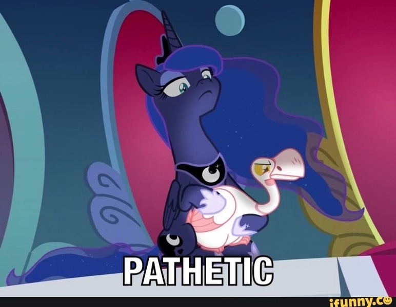 Size: 799x621 | Tagged: safe, derpibooru import, edit, edited screencap, screencap, princess luna, alicorn, bird, goose, pony, sparkle's seven, animal, caption, duo, ethereal mane, female, ifunny, image macro, luna petting goose, mare, meme, pathetic, petting, starry mane, text, throne