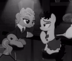 Size: 333x281 | Tagged: safe, derpibooru import, screencap, betty hoof, marelene dietrot, earth pony, pony, sparkle's seven, betty boop, black and white, cropped, female, grayscale, mare, marlene dietrich, monochrome, ponies sitting next to each other