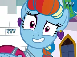 Size: 1193x888 | Tagged: safe, derpibooru import, edit, edited screencap, screencap, rainbow dash, pegasus, pony, sparkle's seven, alternate hairstyle, clothes, confused nick young, dress, ear piercing, earring, faic, jewelry, megaradash, meme, piercing, ponified meme, question mark, rainbow dash always dresses in style, solo