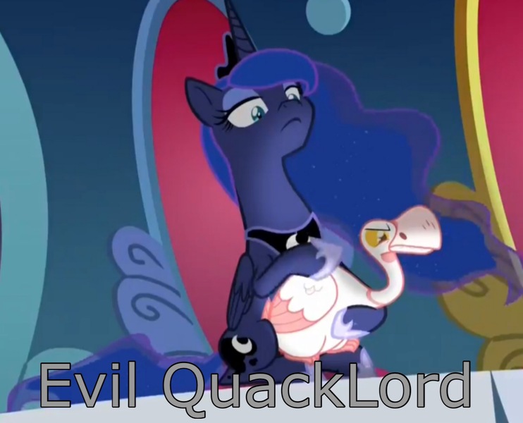 Size: 1336x1080 | Tagged: safe, artist:ponylover88, derpibooru import, edit, edited screencap, screencap, princess luna, alicorn, bird, goose, pony, sparkle's seven, animal, cropped, duo, ethereal mane, evil quacklord, female, lidded eyes, luna petting goose, mare, petting, quack, solo, starry mane, throne