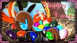 Size: 1920x1080 | Tagged: safe, artist:dragon-v0942, derpibooru import, oc, oc:dia heart, oc:magmace (micset), oc:micset, unofficial characters only, dragon, pegasus, pony, 3d, bunny suit, clothes, easter, easter egg, flower, halo, holiday, latex, latex suit, nest, passed out, sky, source filmmaker, tree, unconscious