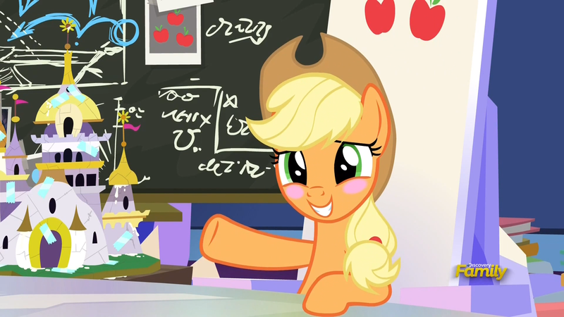 Size: 1920x1080 | Tagged: safe, derpibooru import, screencap, applejack, earth pony, pony, sparkle's seven, blushing, chalkboard, cute, friendship throne, jackabetes, throne room