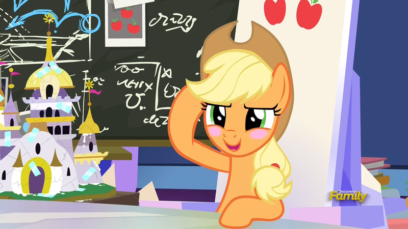 Size: 1920x1080 | Tagged: safe, derpibooru import, screencap, applejack, earth pony, pony, sparkle's seven, appleblush, applejack's hat, blushing, chalkboard, cowboy hat, female, friendship throne, hat, mare, open mouth, raised hoof, solo, stetson, twilight's castle