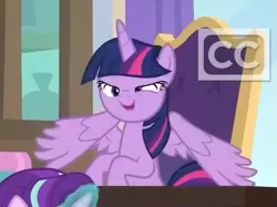 Size: 535x400 | Tagged: safe, derpibooru import, screencap, starlight glimmer, twilight sparkle, twilight sparkle (alicorn), alicorn, pony, sparkle's seven, closed captioning, cropped, derp, faic, female, mare, mid-blink screencap, solo focus, twilight sparkle is best facemaker, wings