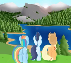 Size: 779x693 | Tagged: safe, artist:ajmstudios, derpibooru import, applejack, rainbow dash, soarin', applebutt, butt, equestria, female, lake altai, male, plot, rainbutt dash, scenery, shipping, soarindash, straight