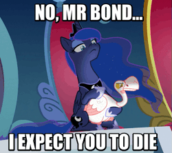 Size: 535x475 | Tagged: safe, derpibooru import, screencap, princess luna, alicorn, bird, goose, pony, sparkle's seven, animal, animated, auric goldfinger, caption, cowboy bebop at his computer, duo, ernst stavro blofeld, ethereal mane, female, goldfinger, image macro, james bond, lidded eyes, luna petting goose, mare, movie reference, petting, pure unfiltered evil, solo, starry mane, text, throne
