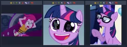 Size: 730x273 | Tagged: safe, derpibooru import, pinkie pie, sci-twi, shining armor, twilight sparkle, twilight sparkle (alicorn), ponified, alicorn, pony, unicorn, derpibooru, equestria girls, sparkle's seven, spoiler:s09, crown, equestria girls ponified, eye reflection, faic, forever, hard-won helm of the sibling supreme, jewelry, juxtaposition, juxtaposition win, meme, meta, pudding face, reflection, regalia, unicorn sci-twi