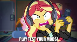 Size: 888x485 | Tagged: safe, derpibooru import, screencap, fluttershy, sunset shimmer, equestria girls, equestria girls series, game stream, spoiler:eqg series (season 2), alchestbreach, fallout, fallout: new vegas, game mod, gamer sunset, gamershy, meme, rageset shimmer, sunset gamer, sunset shimmer frustrated at game, sunset's apartment, video game