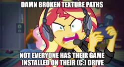 Size: 888x483 | Tagged: safe, derpibooru import, screencap, fluttershy, sunset shimmer, equestria girls, equestria girls series, game stream, spoiler:eqg series (season 2), alchestbreach, fallout, fallout: new vegas, game mod, gamer sunset, gamershy, meme, rageset shimmer, sunset gamer, sunset shimmer frustrated at game, sunset's apartment, video game