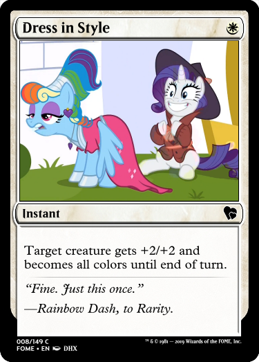 Size: 375x523 | Tagged: safe, derpibooru import, edit, edited screencap, screencap, rainbow dash, rarity, pegasus, pony, unicorn, sparkle's seven, alternate hairstyle, ccg, clothes, dress, duo, ear piercing, earring, eyeshadow, fedora, female, hat, jewelry, magic the gathering, makeup, mare, megaradash, necklace, piercing, rainbow dash always dresses in style, trading card, trading card edit, trenchcoat