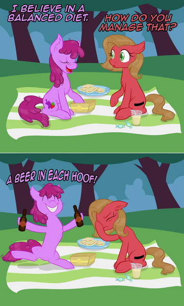 Size: 965x1602 | Tagged: safe, artist:kyaokay, derpibooru import, berry punch, berryshine, oc, oc:pun, pony, ask pun, ask, beer bottle, bon bon (candy), drunk, food, go home you're drunk, sandwich