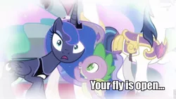 Size: 960x542 | Tagged: safe, derpibooru import, screencap, princess celestia, princess luna, shining armor, spike, alicorn, dragon, pony, unicorn, sparkle's seven, caption, image macro, obvious joke, silly, text, very silly, very very silly