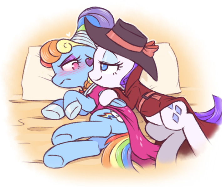 Size: 1021x864 | Tagged: safe, artist:raridashdoodles, derpibooru import, rainbow dash, rarity, pegasus, pony, unicorn, sparkle's seven, alternate hairstyle, angry, blushing, detective rarity, female, lesbian, mare, megaradash, pillow, rainbow dash always dresses in style, rainbow dash is not amused, raridash, shipping, unamused