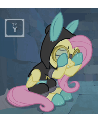 Size: 574x712 | Tagged: safe, derpibooru import, screencap, fluttershy, pony, sparkle's seven, animated, bunny ears, clothes, costume, covering eyes, cropped, dangerous mission outfit, gif, goggles, hoodie, shaking, shivering, solo