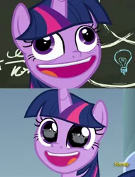 Size: 1166x1532 | Tagged: safe, derpibooru import, edit, screencap, twilight sparkle, twilight sparkle (alicorn), alicorn, pony, best gift ever, sparkle's seven, chalkboard, comparison, crown, cute, discovery family logo, eye reflection, faic, forever, hard-won helm of the sibling supreme, jewelry, pudding face, reflection, regalia, solo, twilight sparkle is best facemaker