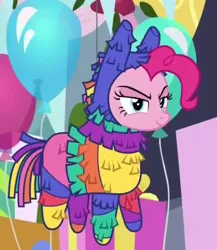 Size: 560x646 | Tagged: safe, derpibooru import, screencap, pinkie pie, earth pony, pony, sparkle's seven, cropped, disguise, female, mare, pinkñata, piñata, smiling, solo