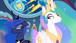 Size: 1920x1080 | Tagged: safe, derpibooru import, screencap, princess celestia, princess luna, alicorn, pony, sparkle's seven, annoyed, canterlot castle, canterlot throne room, celestia is not amused, crown, discovery family logo, duo, ethereal mane, faic, female, frown, grumpy, grumpy celestia, grumpy luna, jewelry, lidded eyes, looking at each other, luna is not amused, mare, narrowed eyes, not amused face, raised eyebrow, regalia, royal sisters, siblings, sideways glance, sisters, stained glass, starry mane, this will end in tears and/or a journey to the moon, throne, unamused