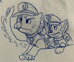 Size: 2704x2272 | Tagged: safe, artist:rainbow eevee, derpibooru import, gallus, dog, german shepherd, gryphon, chase (paw patrol), clothes, crossover, drawing, hat, ink, lineart, looking up, paw patrol, police, wings