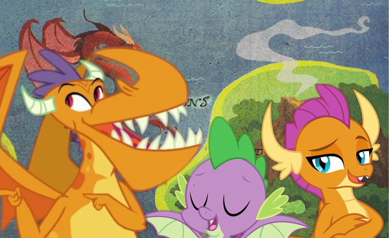 Size: 1641x1005 | Tagged: 2019, billy (dragon), derpibooru import, dragon, dragoness, dragon lands, eyes closed, fanart, female, male, safe, season 9, smolder, speculation, spike, spoiler:s09, sweet and smoky, winged spike