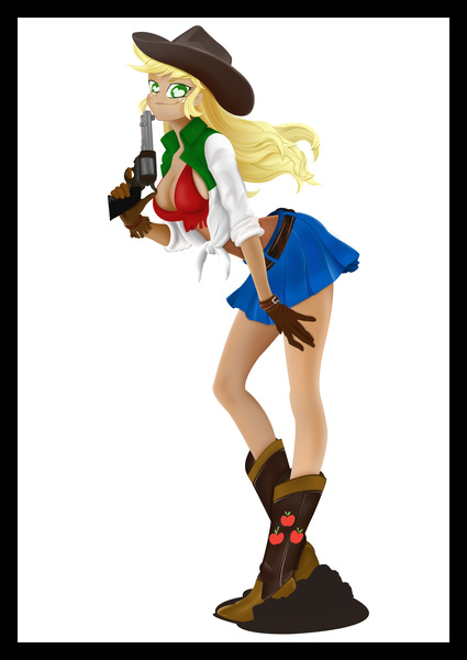 Size: 2953x4167 | Tagged: safe, artist:kenuma, derpibooru import, applejack, human, equestria girls, rainbow rocks, applejack's hat, boots, clothes, cowboy hat, denim skirt, female, gloves, gun, hat, mud, shoes, skirt, solo, standing, weapon