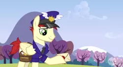 Size: 848x463 | Tagged: safe, derpibooru import, screencap, care package, special delivery, pegasus, pony, wonderbolts academy, hat, mailpony, male, mountain, necktie, postman's hat, solo, tree