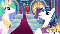 Size: 1920x1080 | Tagged: safe, derpibooru import, screencap, princess celestia, shining armor, pony, sparkle's seven, crown, hard-won helm of the sibling supreme, jewelry, paper crown, regalia