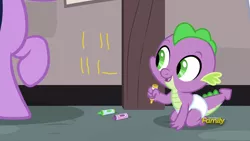 Size: 1920x1080 | Tagged: safe, derpibooru import, edit, edited screencap, screencap, spike, twilight sparkle, dragon, sparkle's seven, baby, baby dragon, baby spike, crayon, crayon drawing, cute, daaaaaaaaaaaw, diaper, discovery family logo, happy, loss (meme), meme, offscreen character, smiling, spikabetes, traditional art, younger