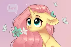 Size: 4000x2628 | Tagged: safe, artist:worldlofldreams, derpibooru import, fluttershy, pony, unicorn, leak, spoiler:g5, bust, cute, dialogue, ear fluff, floppy ears, flower, fluttershy (g5), g5, high res, looking at something, looking up, pink background, portrait, shyabetes, simple background, solo, speech bubble, unicorn fluttershy