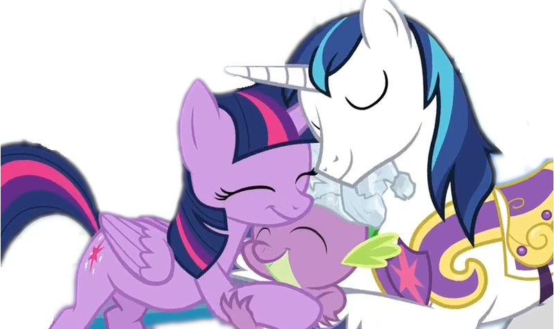 Size: 848x504 | Tagged: safe, derpibooru import, edit, edited screencap, screencap, shining armor, spike, twilight sparkle, twilight sparkle (alicorn), alicorn, dragon, pony, unicorn, sparkle's seven, background removed, crown, family hug, female, hard-won helm of the sibling supreme, hug, jewelry, male, mare, regalia, siblings, simple background, sparkle family, sparkle siblings, spikelove, stallion, trio, white background