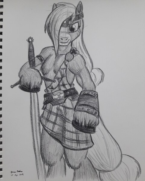 Size: 2448x3060 | Tagged: safe, artist:rockhoppr3, derpibooru import, applejack, anthro, earth pony, semi-anthro, g5, leak, spoiler:g5, applejack (g5), arm hooves, clothes, kilt, looking at you, monochrome, signature, simple background, sketch, solo, stencil, sword, traditional art, weapon, white background