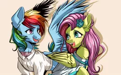 Size: 1000x625 | Tagged: safe, artist:初茗茉上tzxj, derpibooru import, fluttershy, rainbow dash, pegasus, pony, the count of monte rainbow, clothes, ear fluff, female, flower, flower in hair, flutterdash, lesbian, open mouth, rainbow dantes, shipping, shycedes, simple background, smiling, spread wings, the count of monte cristo, wings
