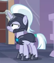 Size: 400x468 | Tagged: safe, derpibooru import, screencap, silver sable, pony, unicorn, sparkle's seven, armor, background pony, cropped, female, glowing horn, guardsmare, helmet, hoof shoes, horn, magic, magic aura, mare, narrowed eyes, night guard, royal guard, solo, tail wrap, unicorn royal guard