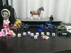 Size: 4032x3016 | Tagged: safe, derpibooru import, photographer:horsesplease, applejack, pinkie pie, clydesdale, horse, ork, pony, barricade, cadian shock troops, clash of hasbro's titans, collection, dice, figurine, flower, flower in hair, gaming miniature, hound, imperial guard, kylo ren, lego, miniature, sakura pie, space marine, transformers, ultramarine, warhammer (game), warhammer 40k, why